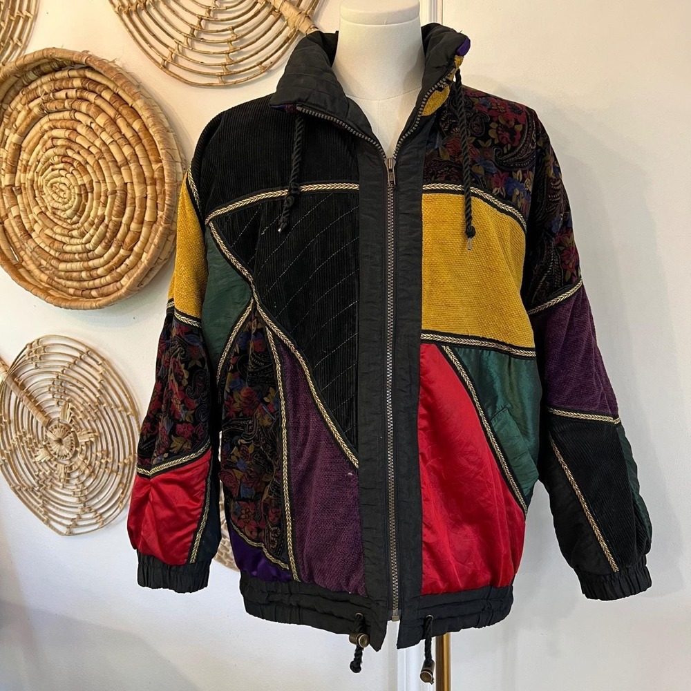 Vintage Braetan Multicolor Mixed Fabric Patchwork Bomber Jacket Gold Trim S